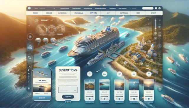 A visually engaging and detailed image of a cruise ship tourism website interface.